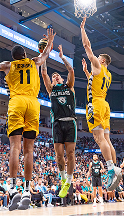 basketball player from Sear Bears leaps to make a shot while avoiding members of the opposite team